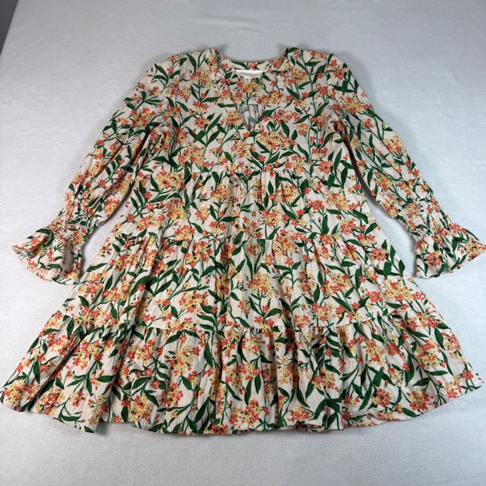 Pomander Place Floral Tiered Mini Dress Womens XS Cream Orange Boho Cottagecore